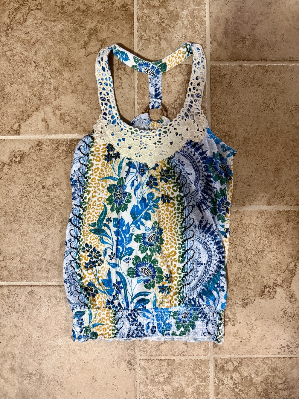 Floral Print Racerback Top with Lace Yoke - Blue/Green/Yellow